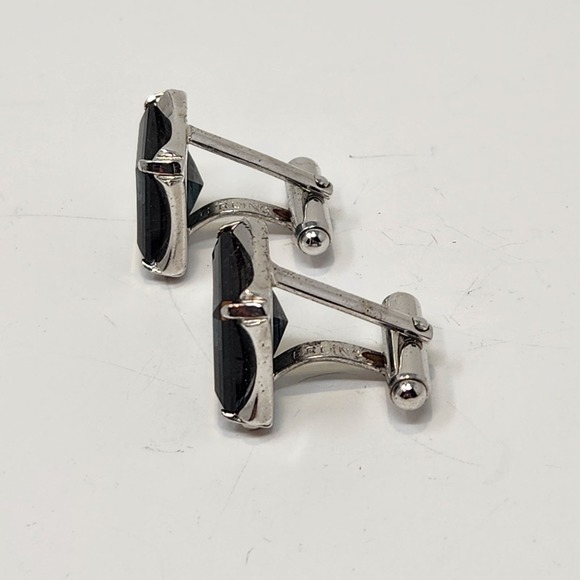 Sterling Silver Green Square Crystal Cufflinks Vintage Mens Accessory Jewelry - Picture 2 of 6